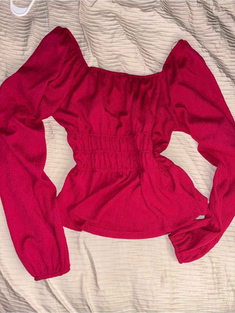 Women's Red Smocked Waist Long Sleeve Top